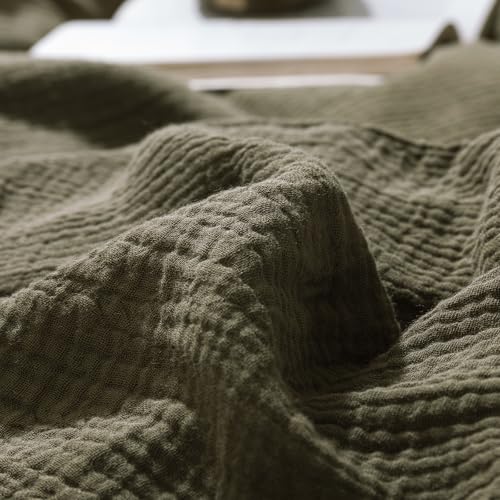 mixinni Olive Green Waffle Weave Duvet Cover Set King, 3-Piece 100% Natural Washed Cotton Triple-Layer Gauze Solid Bedding Set, Soft Breathable Minimalist Comforter Cover with Zipper & Ties-King - Image 5