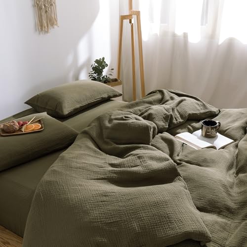 mixinni Olive Green Waffle Weave Duvet Cover Set King, 3-Piece 100% Natural Washed Cotton Triple-Layer Gauze Solid Bedding Set, Soft Breathable Minimalist Comforter Cover with Zipper & Ties-King - Image 1
