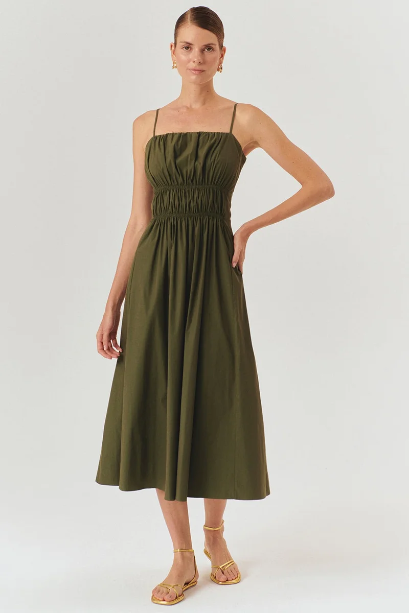 EXQUISE Khaki A-Line Dress with Gathered Detail and Waistline