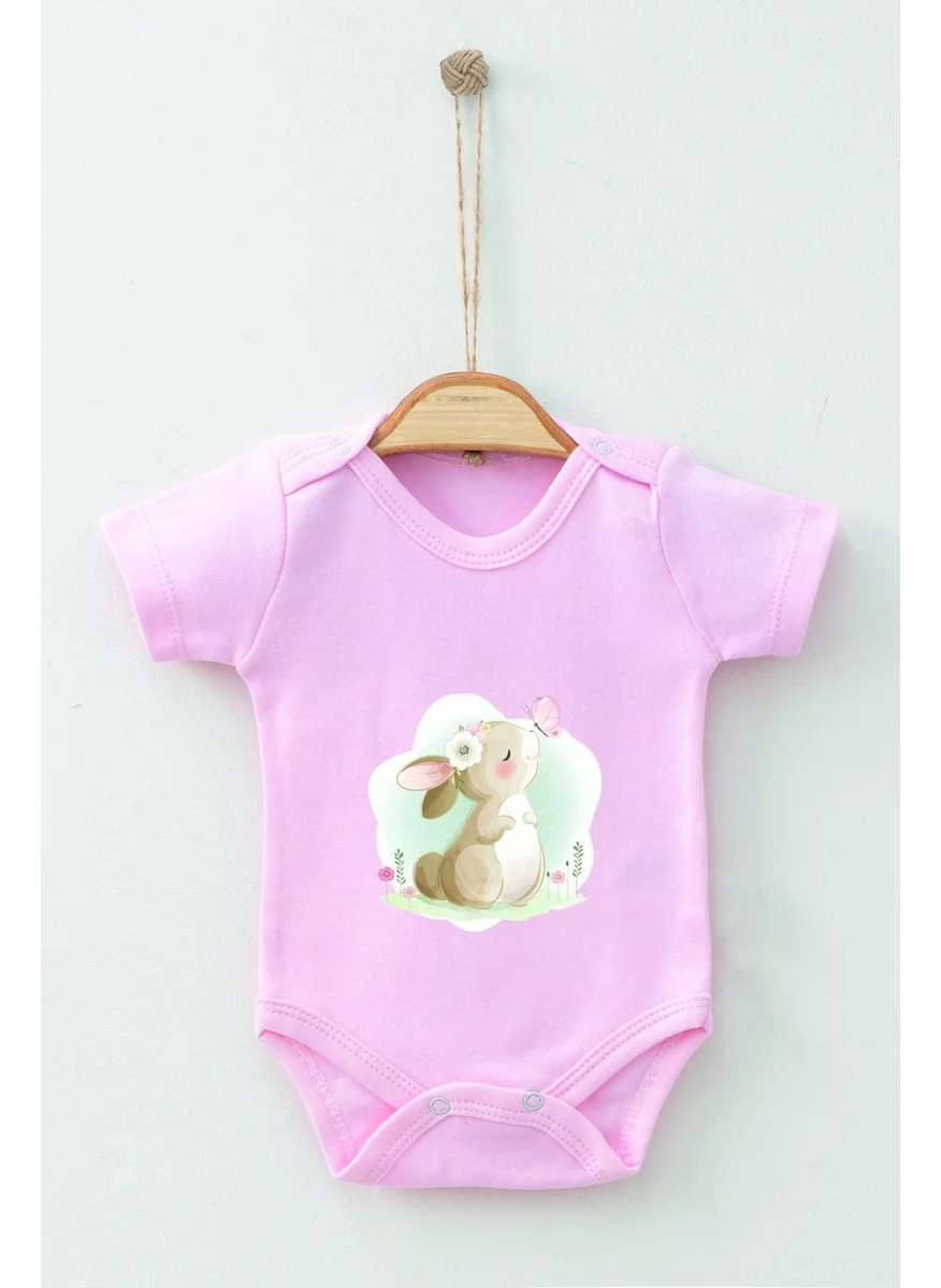 Ada Bebek Çocuk Ada Baby Kid Adabebek Watercolor Rabbit Themed Short Sleeve Badi Baby Bodysuit