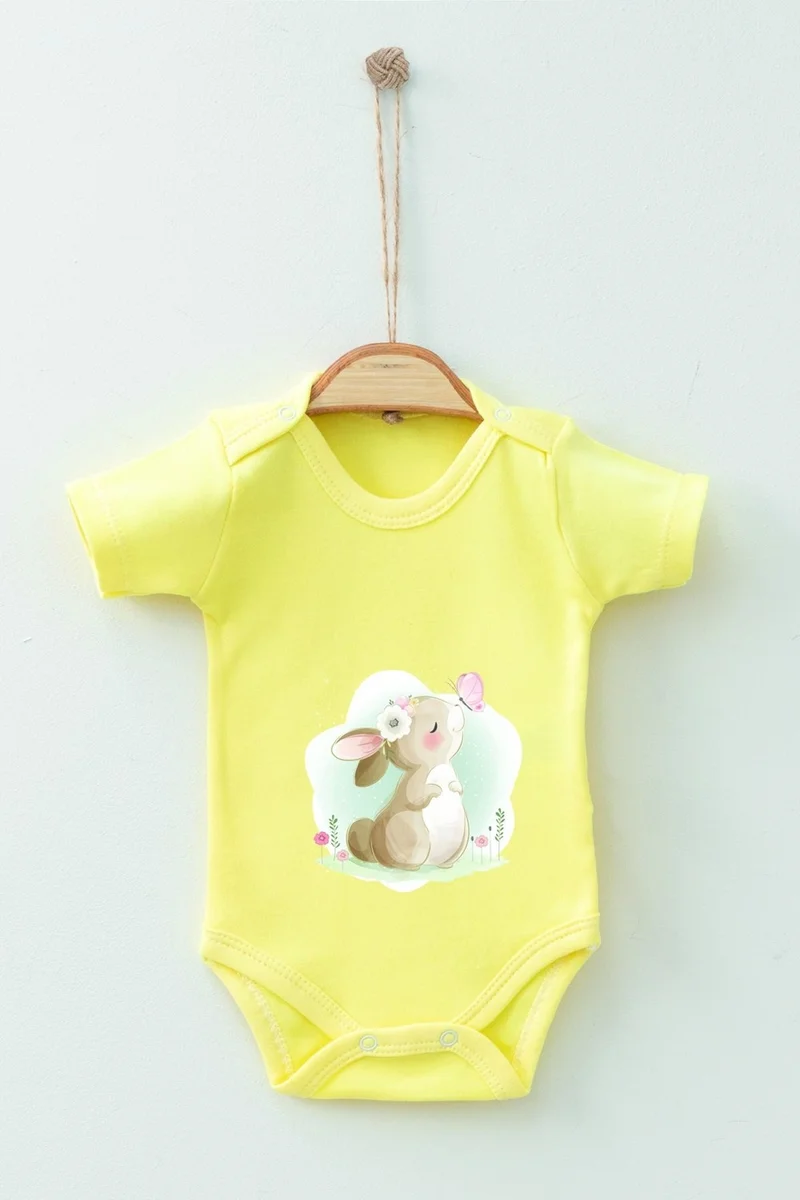 Ada Bebek Çocuk Ada Baby Kid Adabebek Watercolor Rabbit Themed Short Sleeve Badi Baby Bodysuit