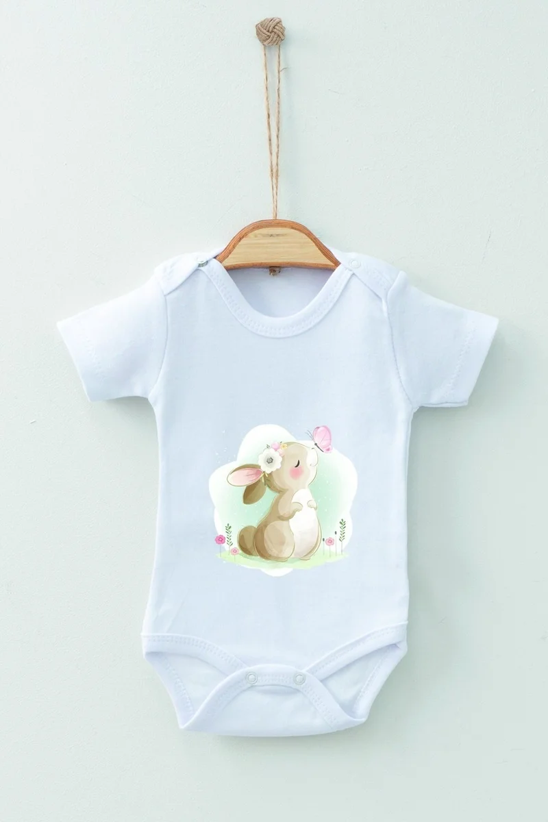 Ada Bebek Çocuk Ada Baby Kid Adabebek Watercolor Rabbit Themed Short Sleeve Badi Baby Bodysuit