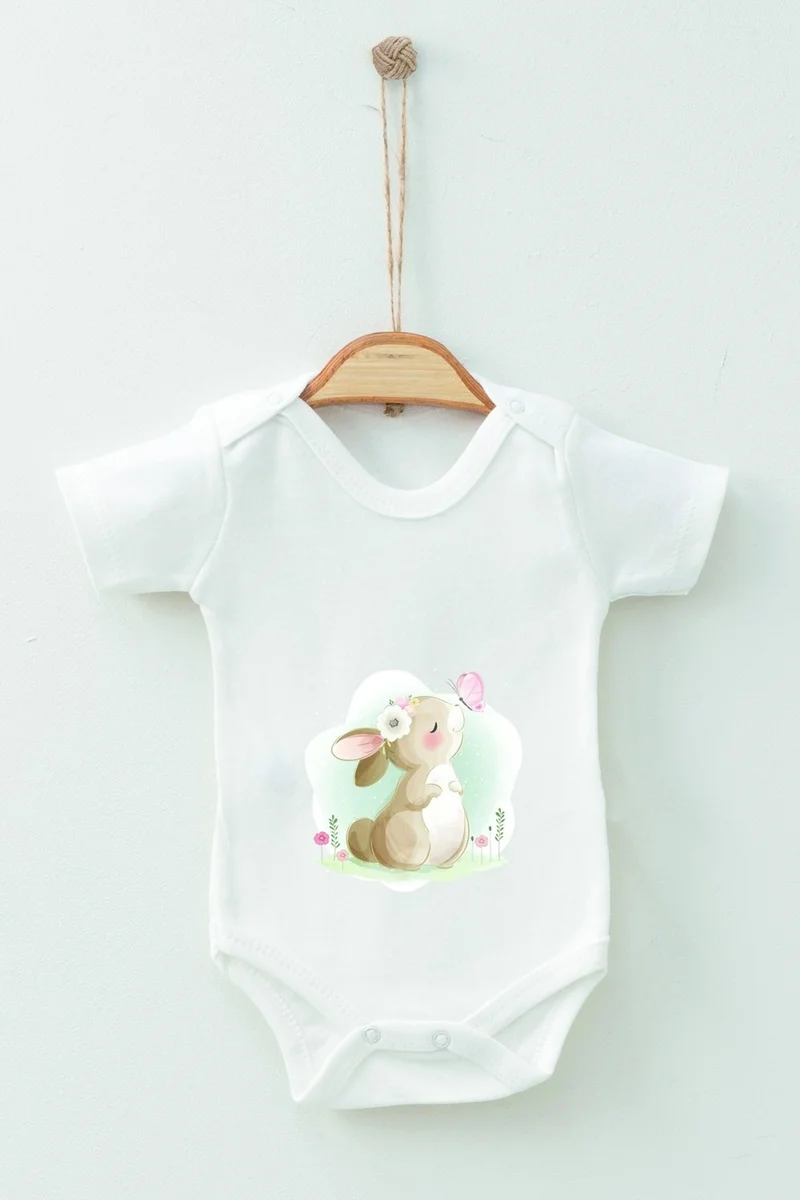 Ada Bebek Çocuk Ada Baby Kid Adabebek Watercolor Rabbit Themed Short Sleeve Badi Baby Bodysuit