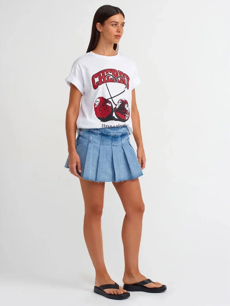 ديلفين Dilvin Mid-Waist Mini Denim Skater Skirt