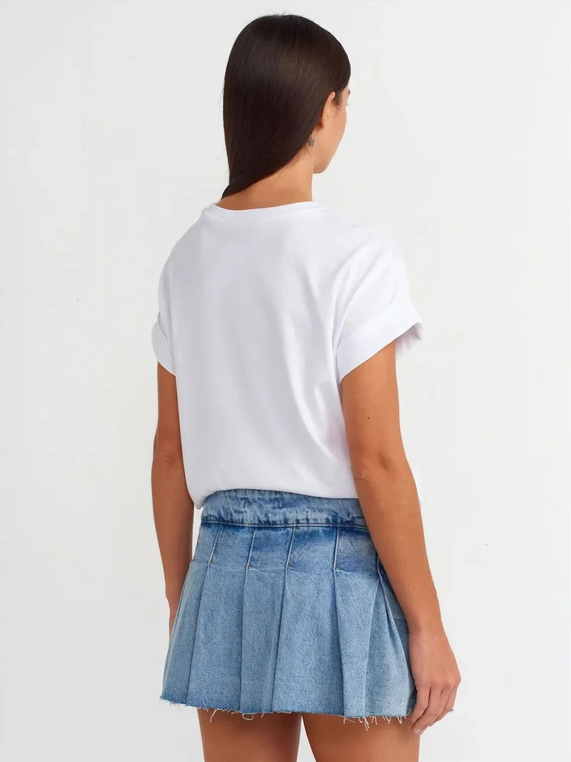 ديلفين Dilvin Mid-Waist Mini Denim Skater Skirt