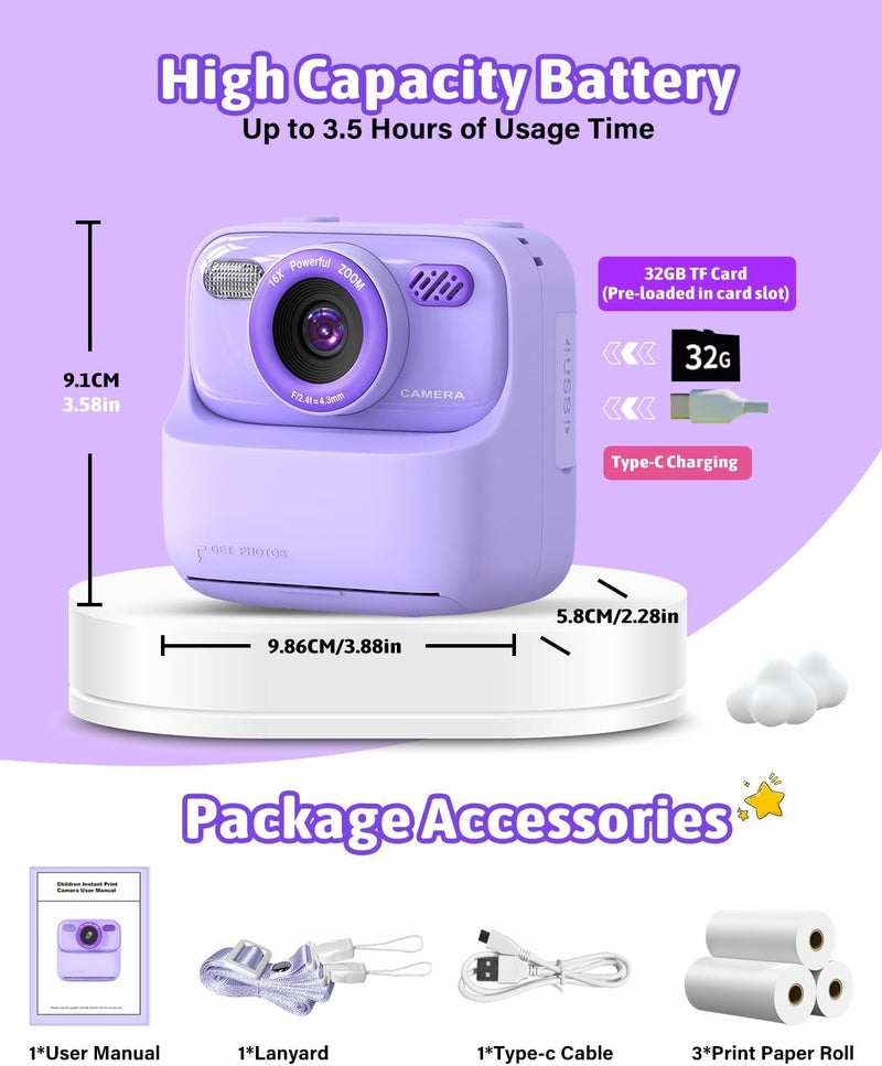 Mgaolo Kids Camera Instant Print Photo,Children Digital Camera Toys Gift with HD Video for Girls Boys 3-12 Age,Chritmas Birthday Festival Present for 3 4 5 6 7 8 9 Year Old Child (Purple) - Image 5