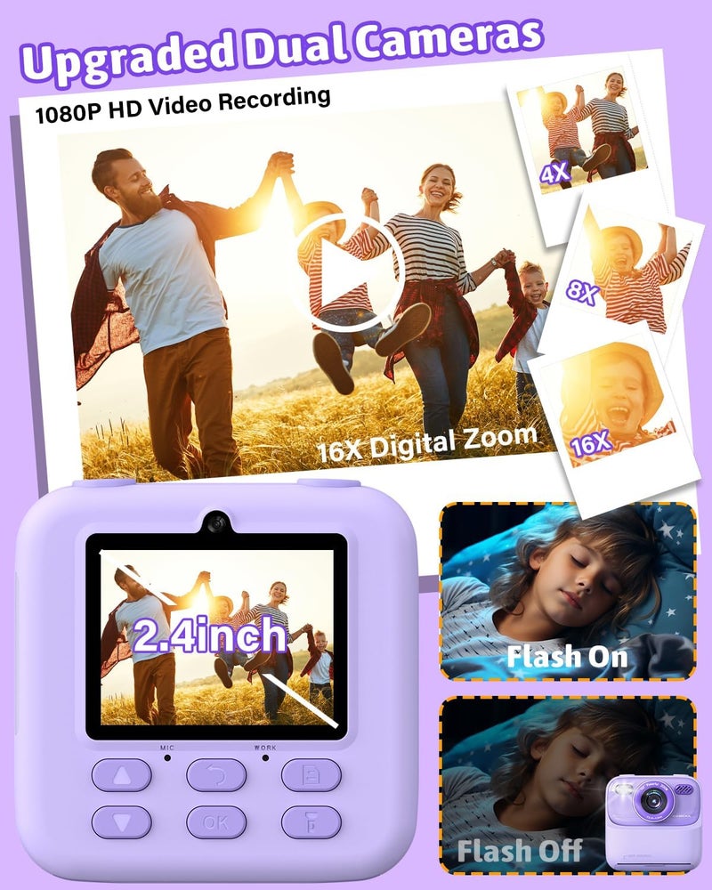 Mgaolo Kids Camera Instant Print Photo,Children Digital Camera Toys Gift with HD Video for Girls Boys 3-12 Age,Chritmas Birthday Festival Present for 3 4 5 6 7 8 9 Year Old Child (Purple) - Image 3