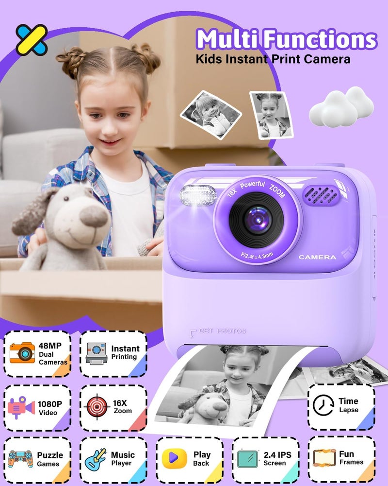 Mgaolo Kids Camera Instant Print Photo,Children Digital Camera Toys Gift with HD Video for Girls Boys 3-12 Age,Chritmas Birthday Festival Present for 3 4 5 6 7 8 9 Year Old Child (Purple) - Image 2