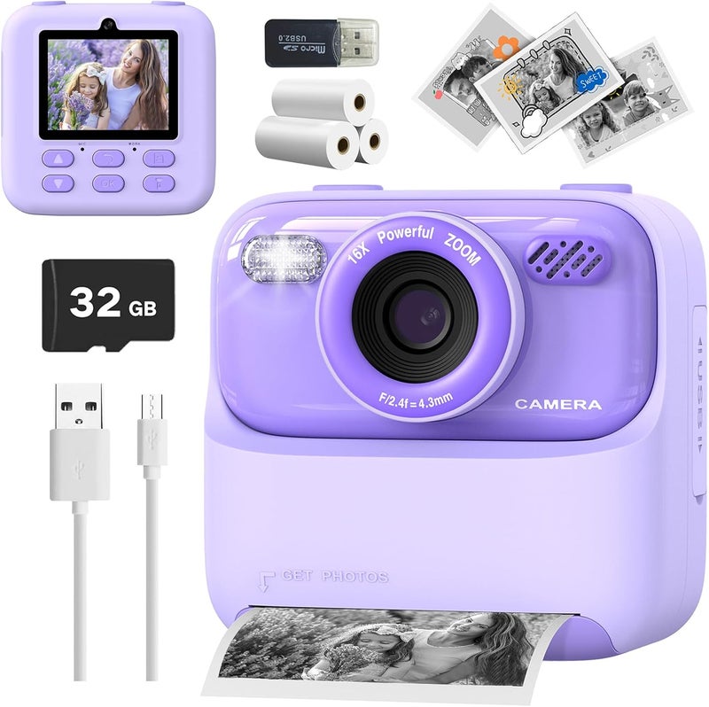 Mgaolo Kids Camera Instant Print Photo,Children Digital Camera Toys Gift with HD Video for Girls Boys 3-12 Age,Chritmas Birthday Festival Present for 3 4 5 6 7 8 9 Year Old Child (Purple) - Image 1