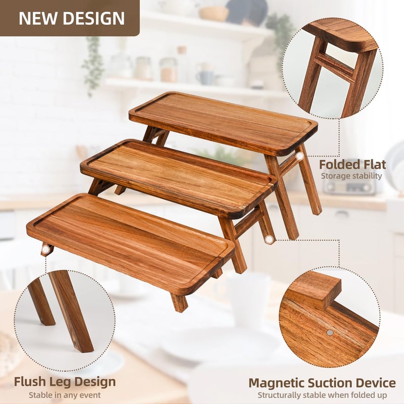 GEHE 3 Tier Serving Tray Acacia Wooden Tiered Tray Stand Foldable Dessert Table Display Set Decor Charcuterie Boards for Party, Birthday, Wedding, Christmas - Image 4