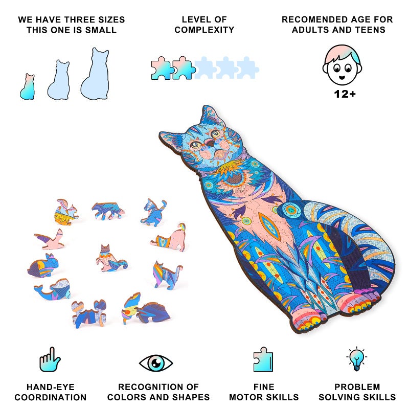 Tryuunion Wooden Puzzles for Adults, Wooden Blue Cat Jigsaw Puzzles with Animal Shaped Pieces, Unique Wood Cat Shape Puzzle for Adult, Ideal for Challenging and Gift (6.1Ã—11 inches) 100 pcs - S - Image 3