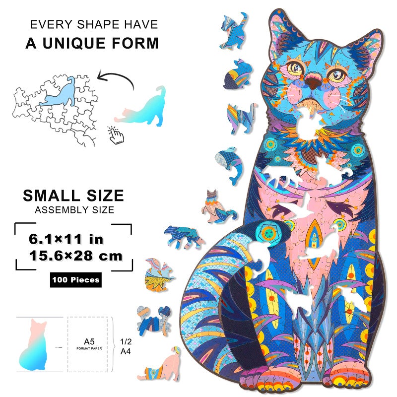 Tryuunion Wooden Puzzles for Adults, Wooden Blue Cat Jigsaw Puzzles with Animal Shaped Pieces, Unique Wood Cat Shape Puzzle for Adult, Ideal for Challenging and Gift (6.1Ã—11 inches) 100 pcs - S - Image 2