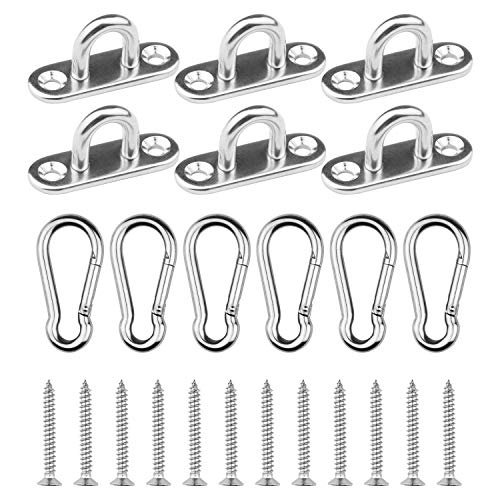EXCELFU 6 Pieces Stainless Steel 1.8 inch Pad Eye Plate U Hooks + 6 Pieces Stainless Steel Snap Hook, Marine Hardware Staple Loop with Screws - Image 1