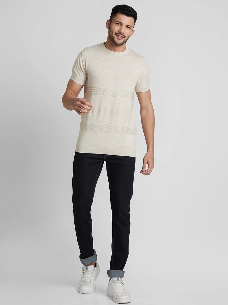 globus Globus Men Beige Self Design Cotton Round Neck Regular Fit T-shirt