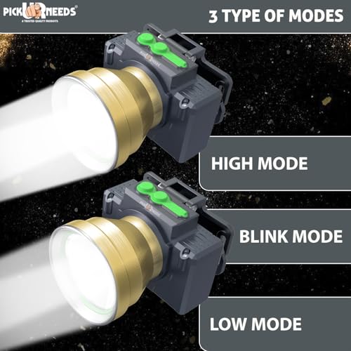 Pick Ur Needs Rechargeable Head Lamp with 3 Mode LED Almunium Body 150W Laser 2400 mAh Battery 3 hrs Torch Emergency Light (Gold) - Image 3