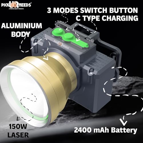 Pick Ur Needs Rechargeable Head Lamp with 3 Mode LED Almunium Body 150W Laser 2400 mAh Battery 3 hrs Torch Emergency Light (Gold) - Image 5
