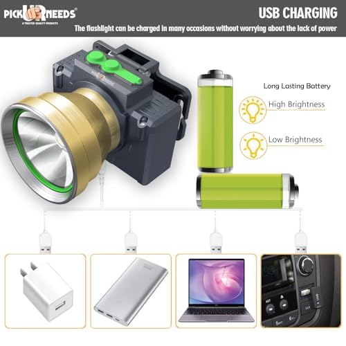 Pick Ur Needs Rechargeable Head Lamp with 3 Mode LED Almunium Body 150W Laser 2400 mAh Battery 3 hrs Torch Emergency Light (Gold) - Image 2
