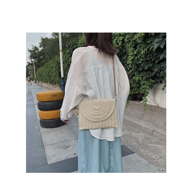 Zikra Straw Shoulder Bag Straw Clutch Women Hand-woven PomPom Straw Crossbody Bag Summer Beach Envelope Purse Wallet - Image 4