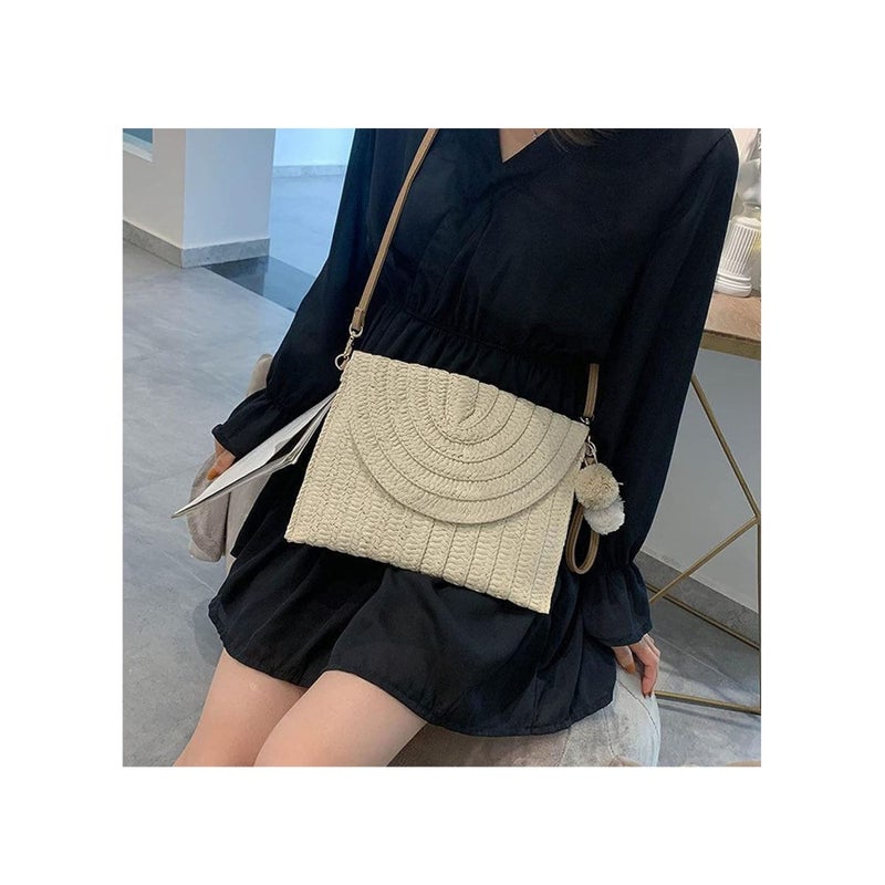 Zikra Straw Shoulder Bag Straw Clutch Women Hand-woven PomPom Straw Crossbody Bag Summer Beach Envelope Purse Wallet - Image 3