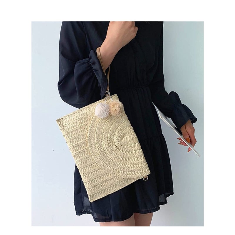 Zikra Straw Shoulder Bag Straw Clutch Women Hand-woven PomPom Straw Crossbody Bag Summer Beach Envelope Purse Wallet - Image 2