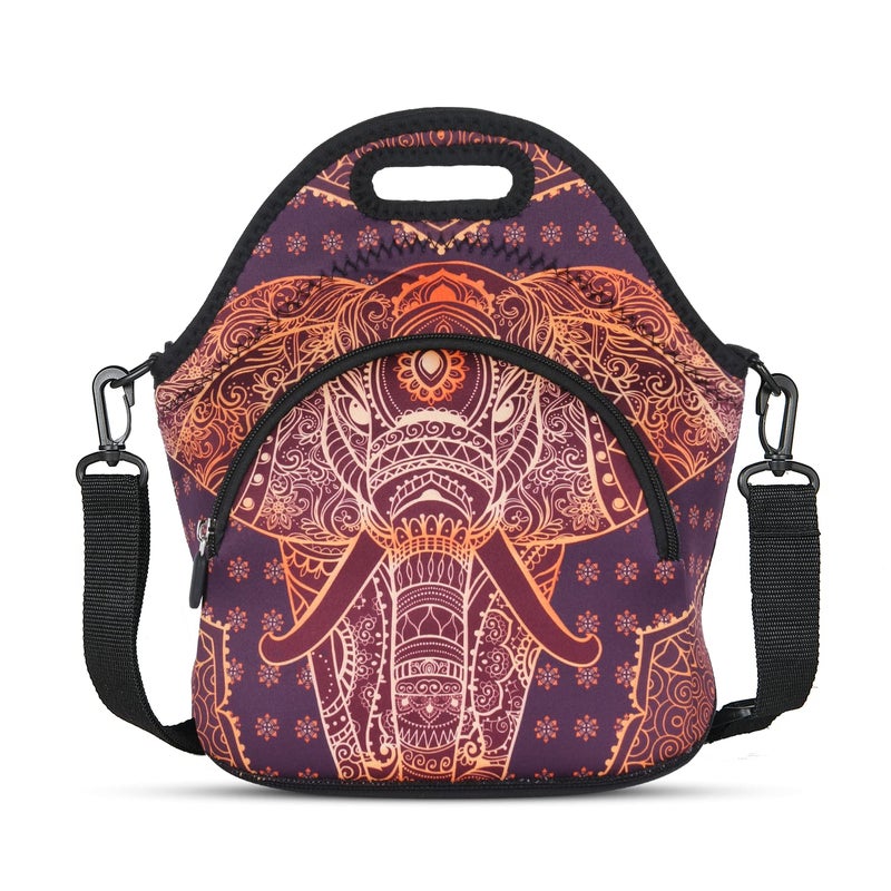 Violet Mist Neoprene Thermal Insulated Lunch Bag Cute Animal Lunch Bag Tote with Extra Pocket Detachable Adjustable Shoulder Lunchbox Food Handbags Picnic Work Gifts for Women men Retro Elephant 2