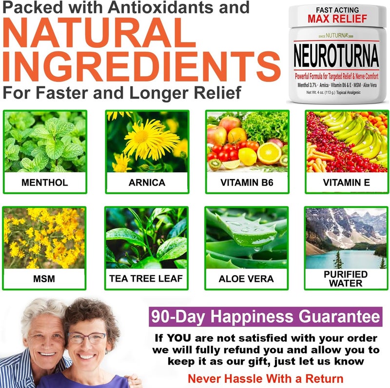 Nuturna Neuropathy Nerve Relief Cream - Fast Acting Max Relief for Feet Hands Legs Toes Back - Ultra Strength Menthol Arnica Aloe Vera MSM, Soothing Natural Nerve Comfort Relief, Paraben-Free 4 Oz - Image 4