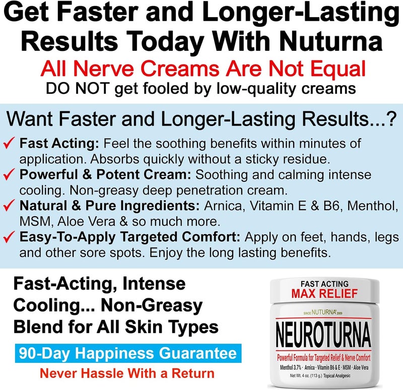 Nuturna Neuropathy Nerve Relief Cream - Fast Acting Max Relief for Feet Hands Legs Toes Back - Ultra Strength Menthol Arnica Aloe Vera MSM, Soothing Natural Nerve Comfort Relief, Paraben-Free 4 Oz - Image 3