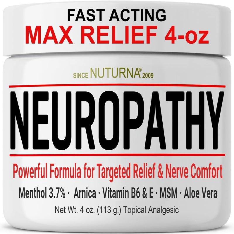 Nuturna Neuropathy Nerve Relief Cream - Fast Acting Max Relief for Feet Hands Legs Toes Back - Ultra Strength Menthol Arnica Aloe Vera MSM, Soothing Natural Nerve Comfort Relief, Paraben-Free 4 Oz - Image 1