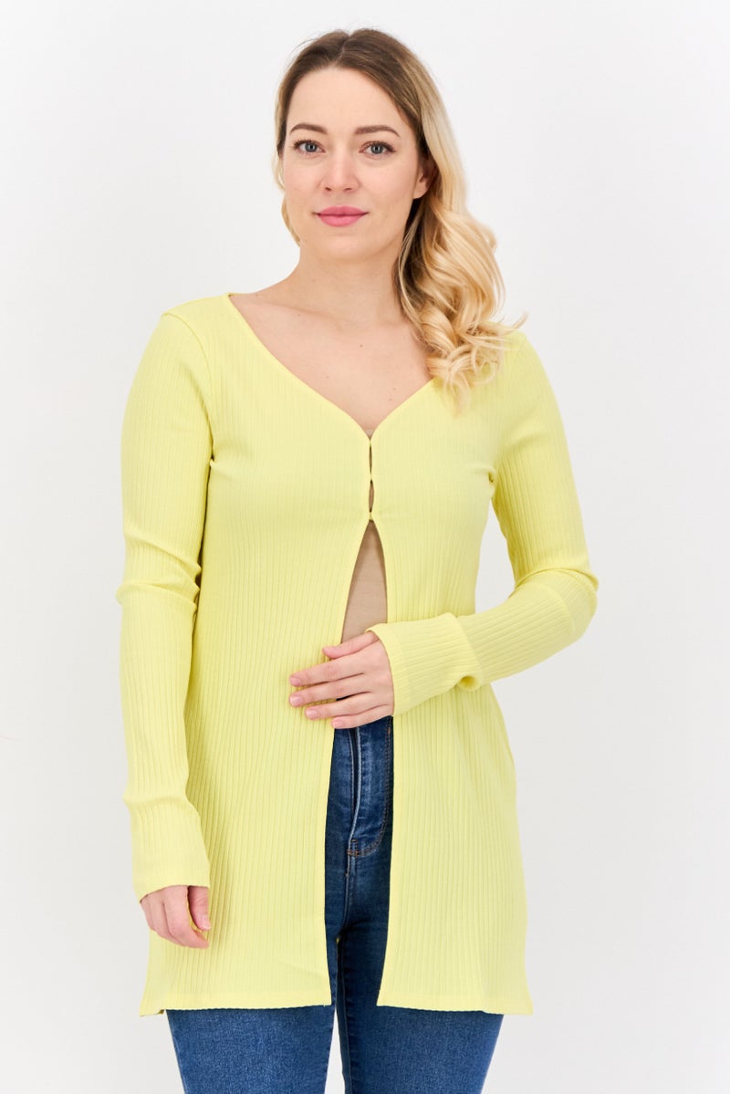 MANGO Women V-Neck Ribbed Cardigan, Yellow  - Image 1
