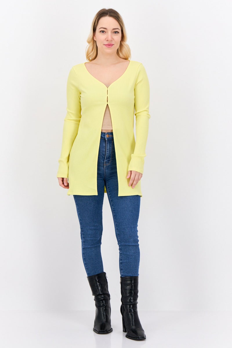MANGO Women V-Neck Ribbed Cardigan, Yellow  - Image 4