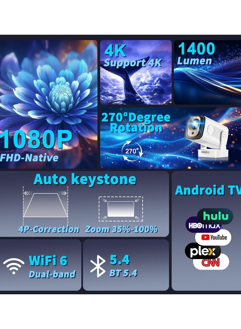 Joshberg Mini Projector 1080P with WiFi 6 and Bluetooth 5.4, 4K Full HD Projector Features Auto Focus & Keystone, Portable Projector Support 270° Rotatable, Compatible with Phone/HDMI/USB-White - Image 2