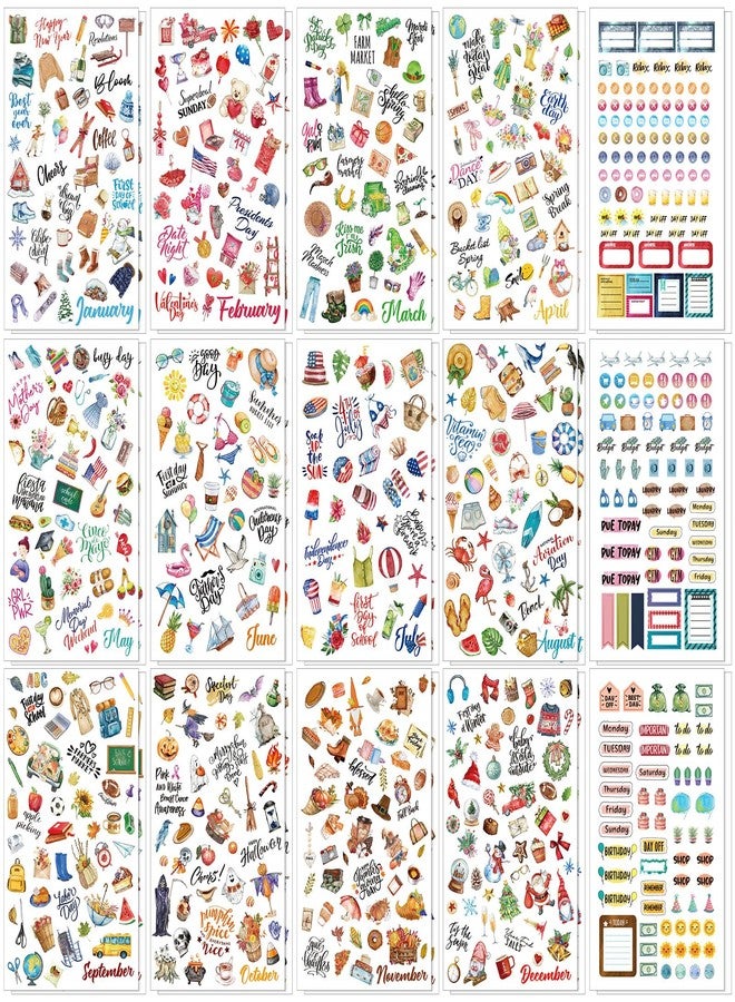 Perkoop 30 Sheets 1500+ Pieces Monthly Planner Stickers Vintage Seasonal Decals Pack Holiday Calendar Stickers Planner Accessories Daily Journal Decals for Journaling Scrapbook Budget, 15 Styles - Image 1