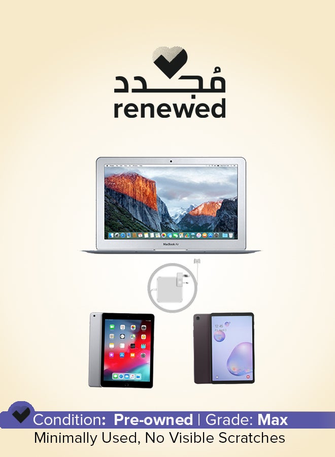 ابل  مجدد - لابتوب ماك بوك إير A1465 (2015) بشاشة HD مقاس 11 بوصة، مع معالج كور i5/ثنائي النواة/ذاكرة RAM سعة 4 جيجابايت/قرص SSD سعة 128 جيجابايت/نظام macOS + آيباد إير 1 سعة 32 جيجابايت + سامسونج جالاكسي تاب A سعة 32 جيجابايت + صفقة شاحن ماك بوك إير - Image 1