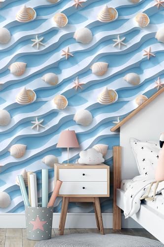 weiseni Peel and Stick Modern Wallpaper Ocean Theme Beach Wall Mural Wave Seashell Design Contact Paper Removable Vinyl Wall Decor for Kitchen Bathroom 236x1968 - Image 3