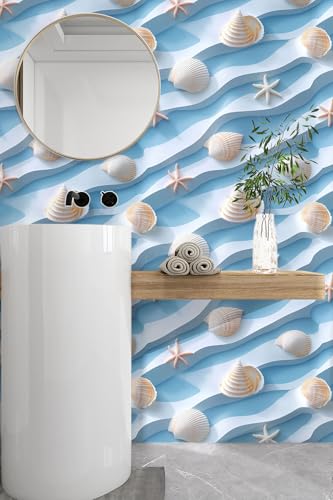 weiseni Peel and Stick Modern Wallpaper Ocean Theme Beach Wall Mural Wave Seashell Design Contact Paper Removable Vinyl Wall Decor for Kitchen Bathroom 236x1968 - Image 1