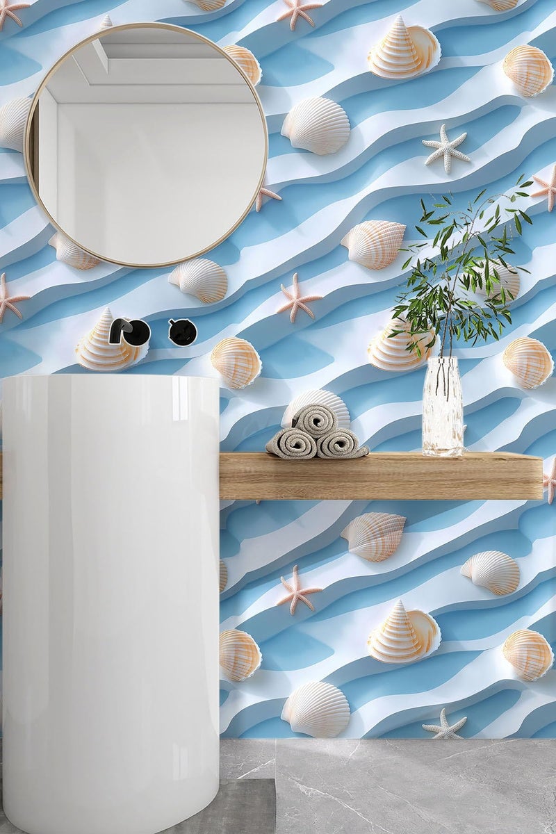 weiseni Peel and Stick Modern Wallpaper Ocean Theme Beach Wall Mural Wave Seashell Design Contact Paper Removable Vinyl Wall Decor for Kitchen Bathroom 236x1968 - Image 2