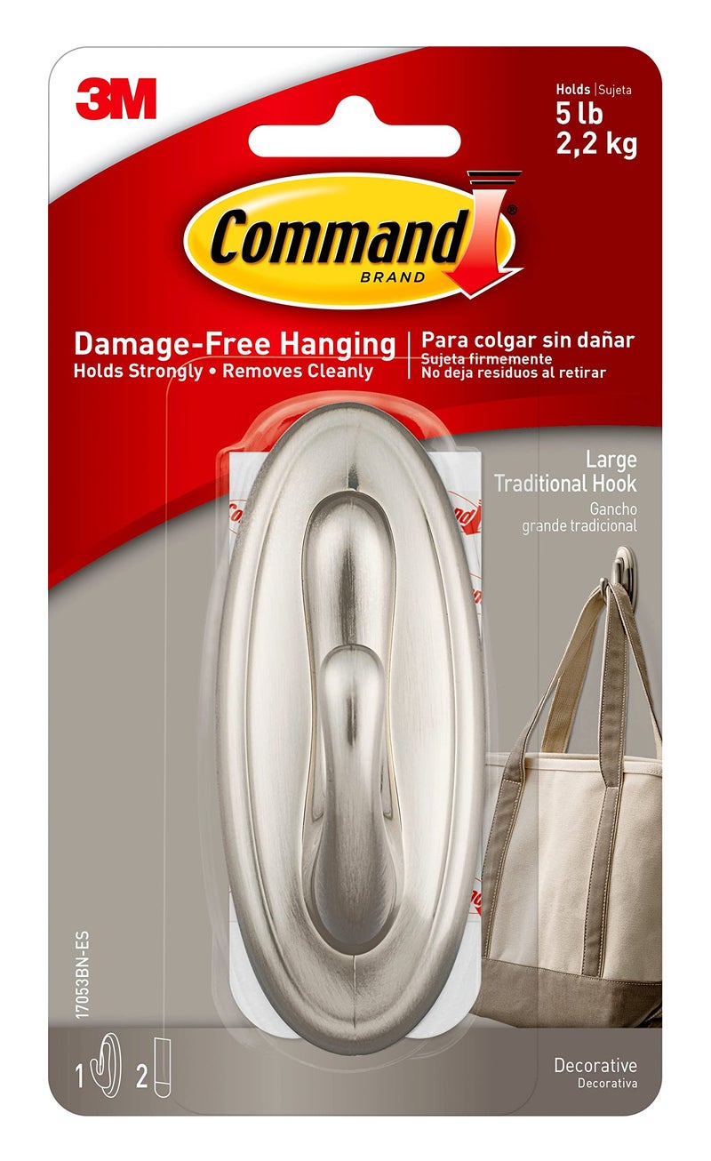 Command 3M Command 17053BN Traditional Plastic Hook, Large, Brushed Nickel - Image 1