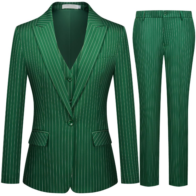Kelyaa Women's 3 Piece Striped Suit Peak Lapel One Button Slim Fit Business Work Professional Blazer Jacket Vest Pants Set Dark Green - Image 1