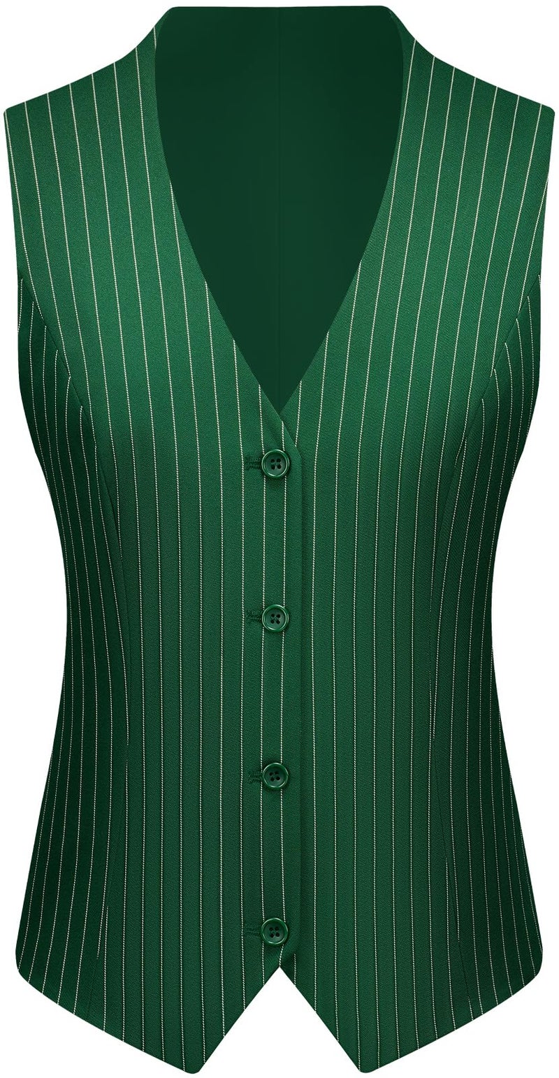 Kelyaa Women's 3 Piece Striped Suit Peak Lapel One Button Slim Fit Business Work Professional Blazer Jacket Vest Pants Set Dark Green - Image 2