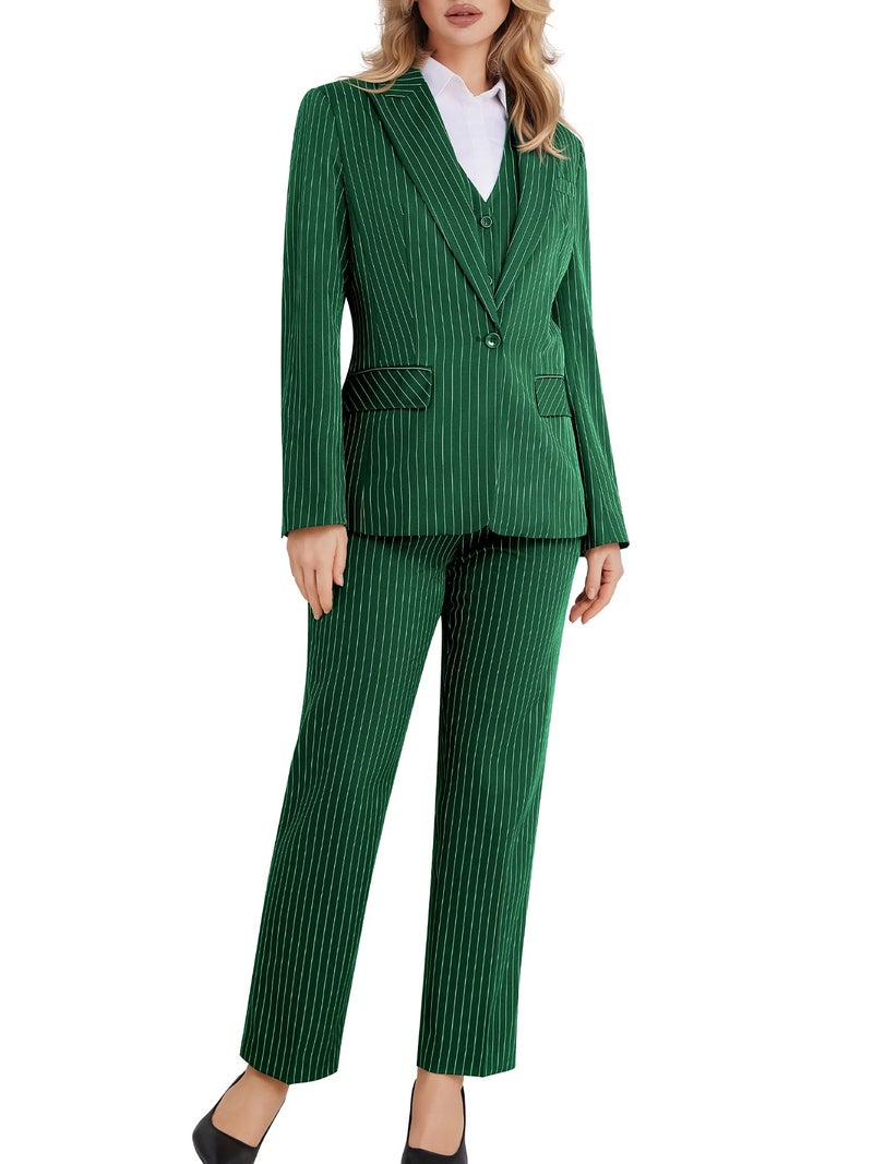 Kelyaa Women's 3 Piece Striped Suit Peak Lapel One Button Slim Fit Business Work Professional Blazer Jacket Vest Pants Set Dark Green - Image 4