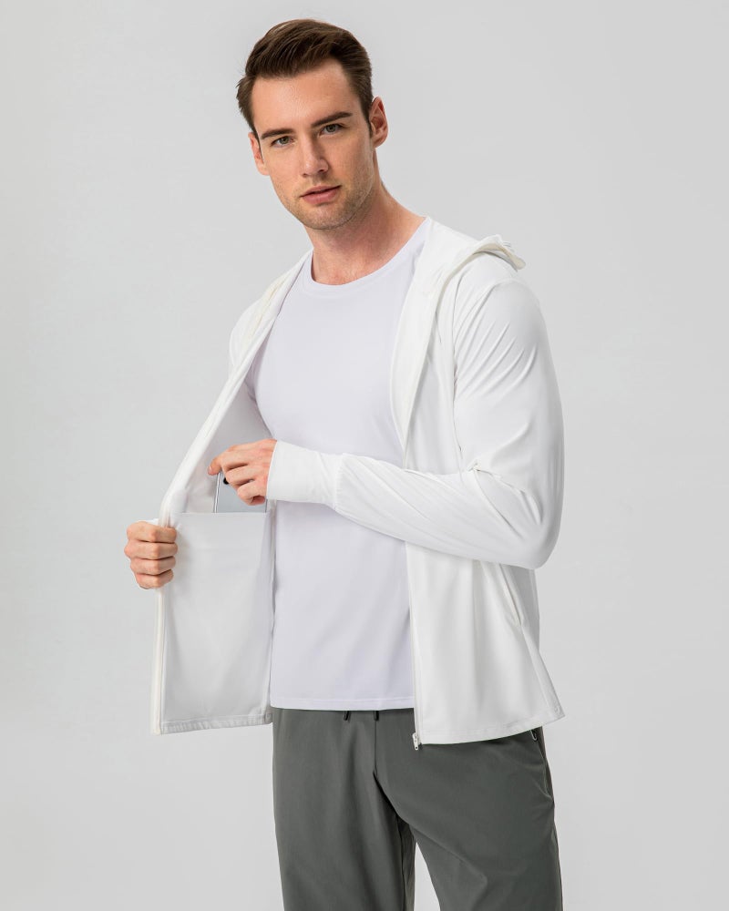 Locachy Men's UPF 50+ Sun Protection Jacket Hooded Lightweight Full Zip Long Sleeve Cooling Hiking Fishing Performance Shirts White XL - Image 3