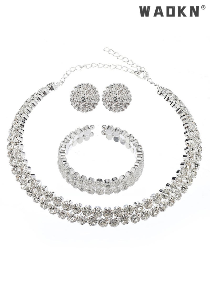 WAOKN - 3 Pcs Rhinestone Choker Bracelet Earrings Jewelry Set Double Row Round Diamond Collar Necklace Bridal Evening Dress Accessories for Girlfriend Wife Mother Bridesmaids Wedding Party Accessories - Image 1