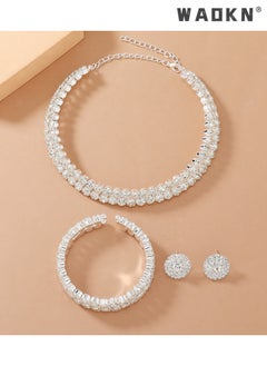 WAOKN 3 Pcs Rhinestone Choker Bracelet Earrings Jewelry Set Double Row Round Diamond Collar Necklace Bridal Evening Dress Accessories for Girlfriend Wife Mother Bridesmaids Wedding Party Accessories  - Image 3