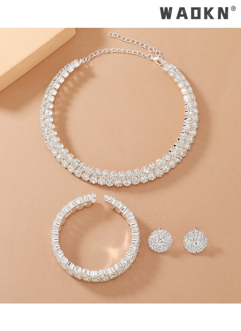 WAOKN - 3 Pcs Rhinestone Choker Bracelet Earrings Jewelry Set Double Row Round Diamond Collar Necklace Bridal Evening Dress Accessories for Girlfriend Wife Mother Bridesmaids Wedding Party Accessories - Image 1