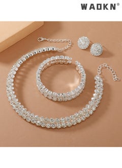 WAOKN 3 Pcs Rhinestone Choker Bracelet Earrings Jewelry Set Double Row Round Diamond Collar Necklace Bridal Evening Dress Accessories for Girlfriend Wife Mother Bridesmaids Wedding Party Accessories  - Image 4