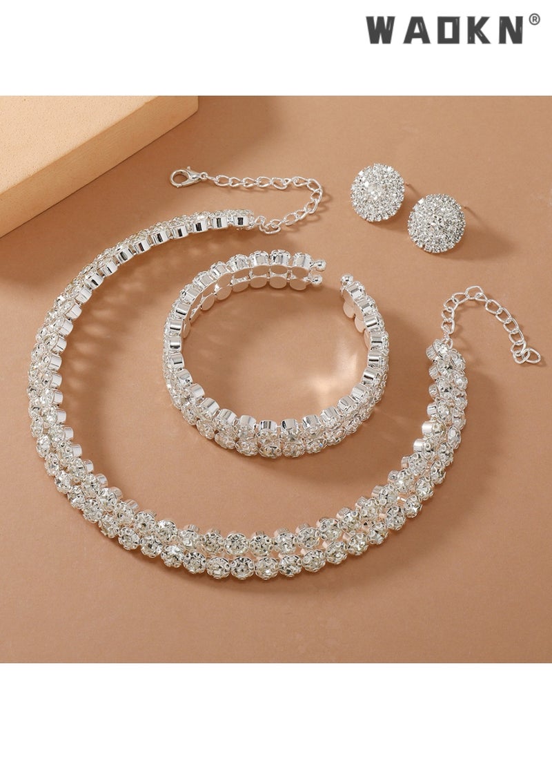 WAOKN - 3 Pcs Rhinestone Choker Bracelet Earrings Jewelry Set Double Row Round Diamond Collar Necklace Bridal Evening Dress Accessories for Girlfriend Wife Mother Bridesmaids Wedding Party Accessories - Image 1