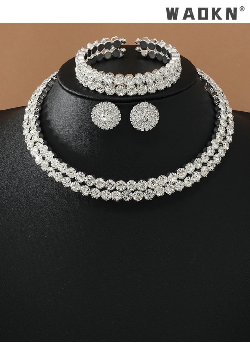 WAOKN - 3 Pcs Rhinestone Choker Bracelet Earrings Jewelry Set Double Row Round Diamond Collar Necklace Bridal Evening Dress Accessories for Girlfriend Wife Mother Bridesmaids Wedding Party Accessories - Image 1