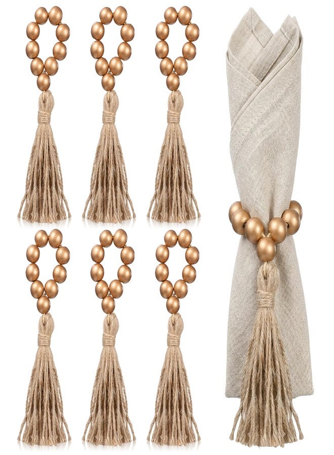 Eldraqth 6 Pieces Wooden Bead Napkin Rings, Wooden Bead Easter Farmhouse Napkin Rings with Tassel, Natural Rustic Boho Napkins Ring for Dining Table Decor Wedding Party Thanksgiving Decoration - Image 1