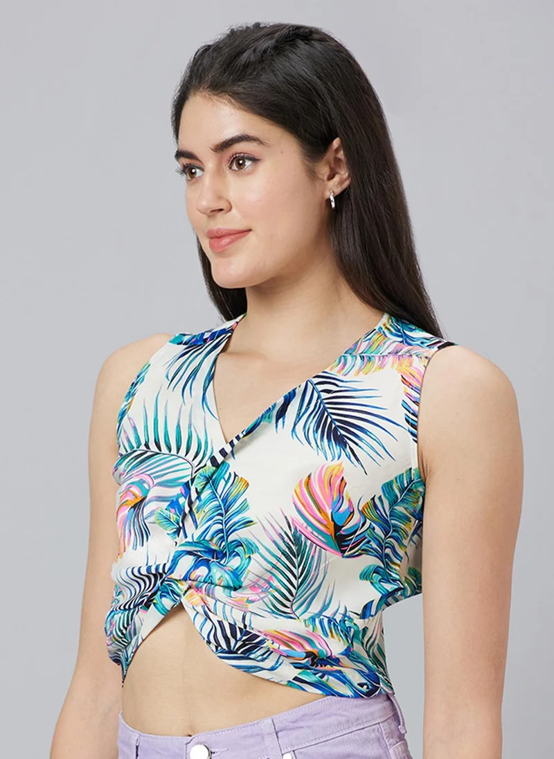 globus Globus Women Tropical Print Twisted Crepe Crop Top