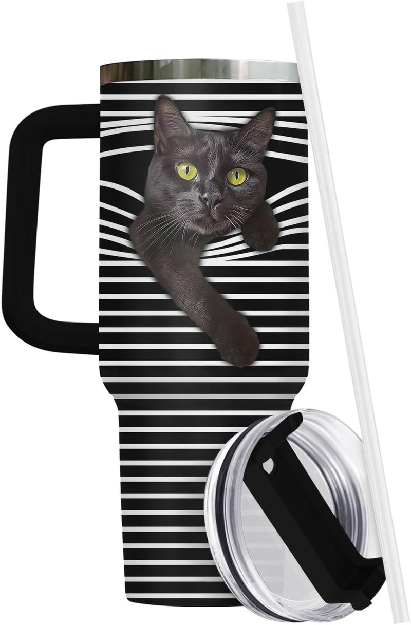 34HD Black Cat Tumbler with Handle and Straw, 40 oz Stainless Steel Vacuum Insulated Hide and Seek Mug Kitty, Cat Gifts for Men Women Mothers Day Birthday Christmas - Image 2